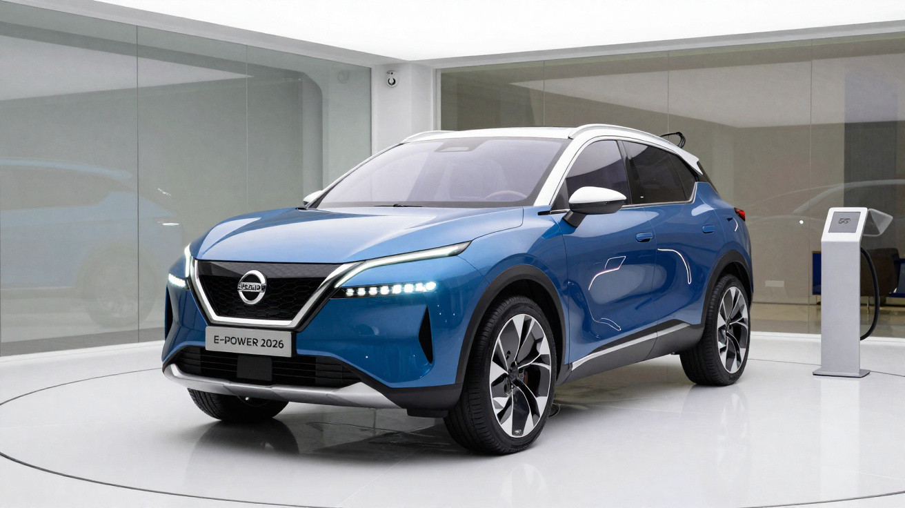 Carro elétrico SUV Nissan E-POWER 2026 azul com tejadilho branco exibido em showroom moderno.