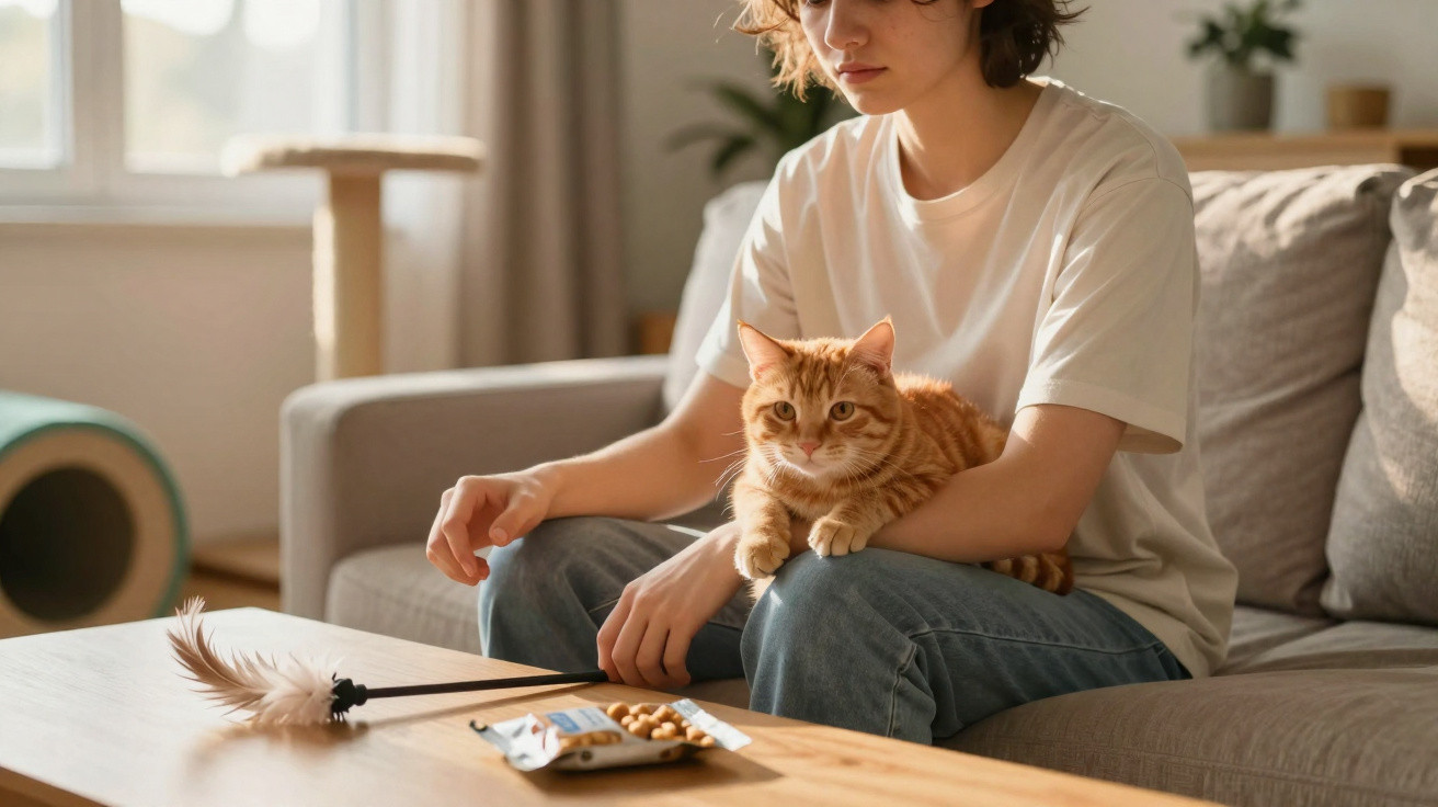 Pessoa sentada no sofá com gato laranja ao colo e brinquedo para gato sobre a mesa de madeira.
