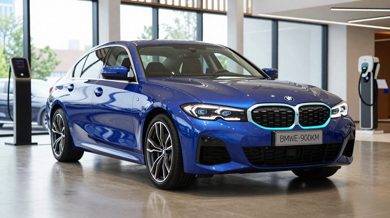 Carro BMW azul eléctrico exibido numa área de showroom moderna com estações de carregamento elétrico.