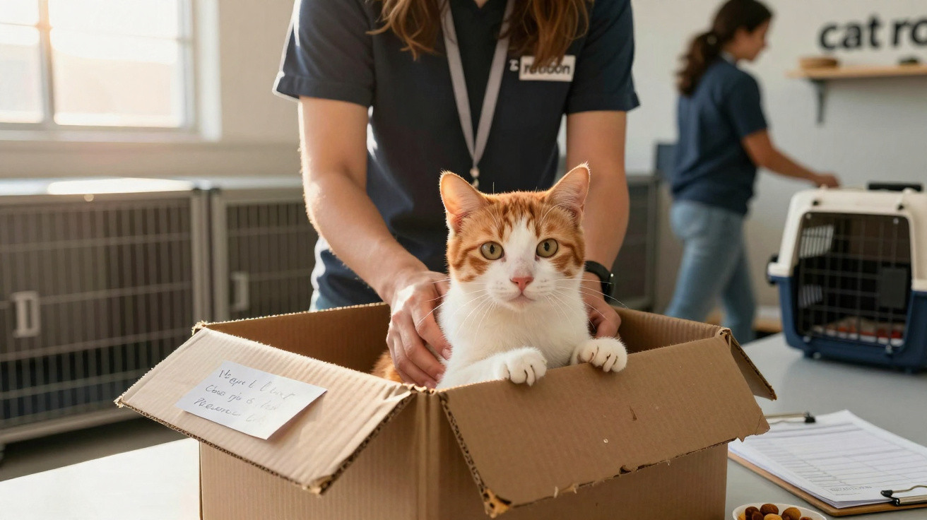Gato laranja e branco dentro de caixa de papelão com pessoa a segurá-lo em ambiente de abrigo animal.