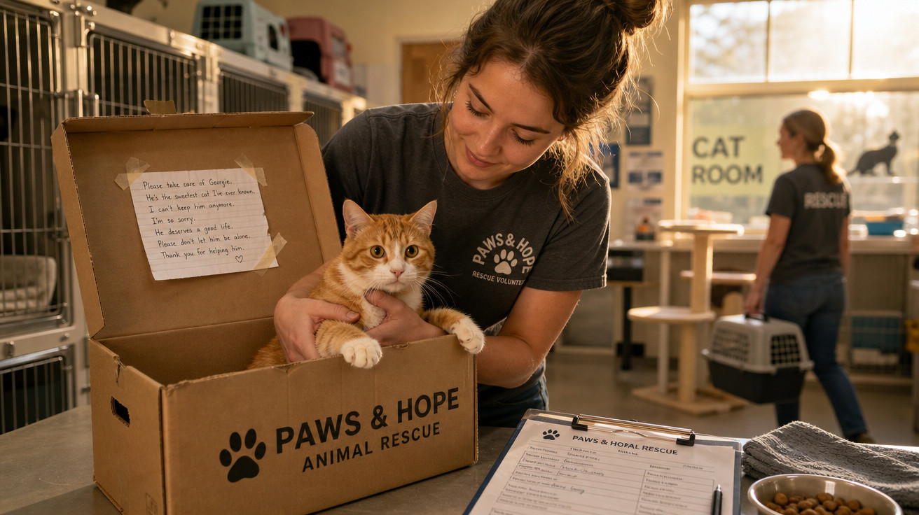 Voluntária da PAWS & HOPE a cuidar de um gato laranja dentro de uma caixa no abrigo animal.