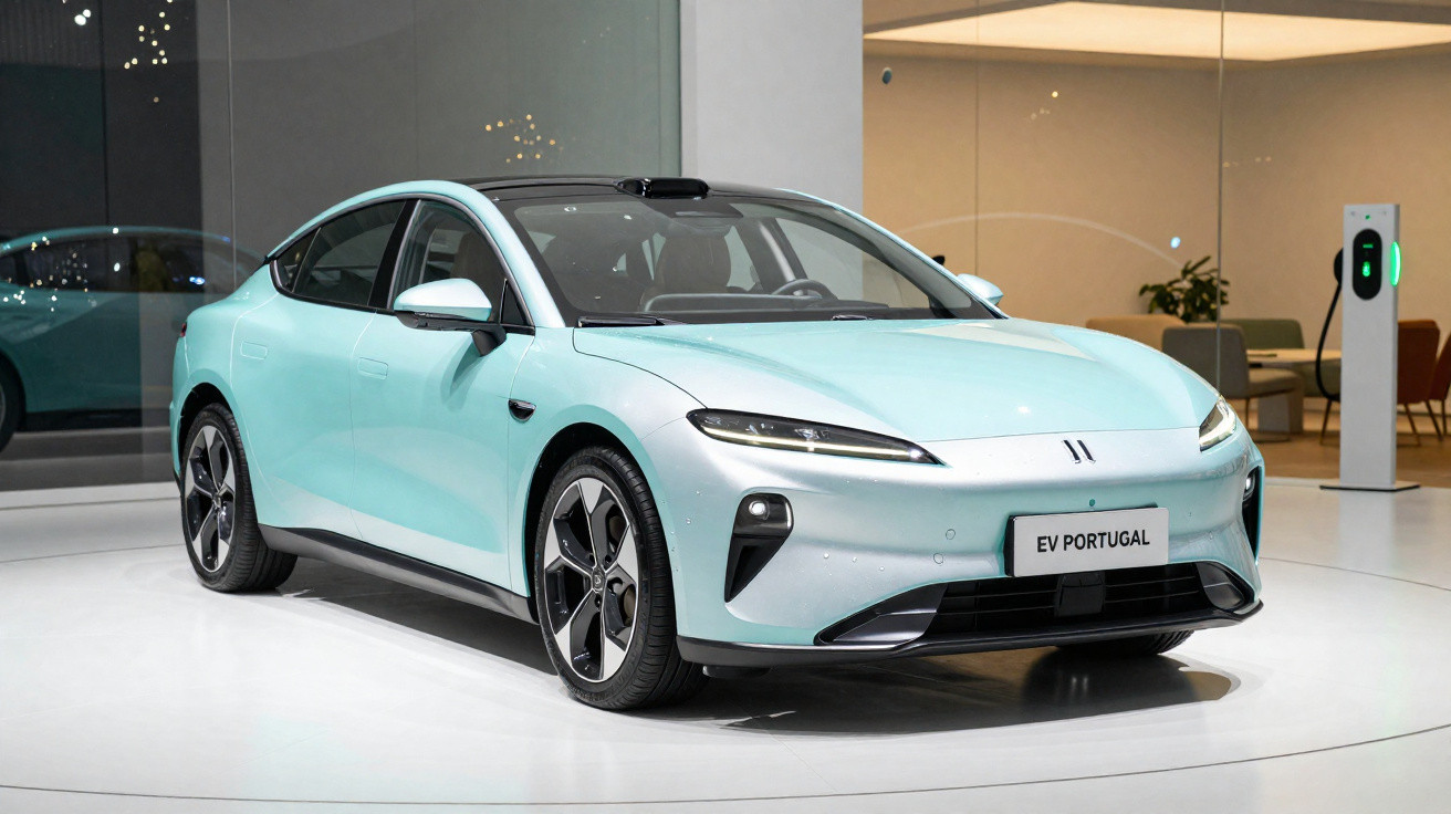 Carro elétrico moderno azul claro numa exposição, com estação de carregamento ao fundo.