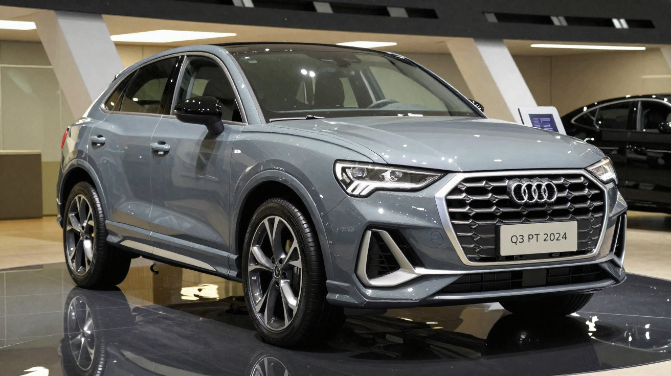 Automóvel Audi Q3 PT 2024 cinzento exposto num salão automóvel moderno.