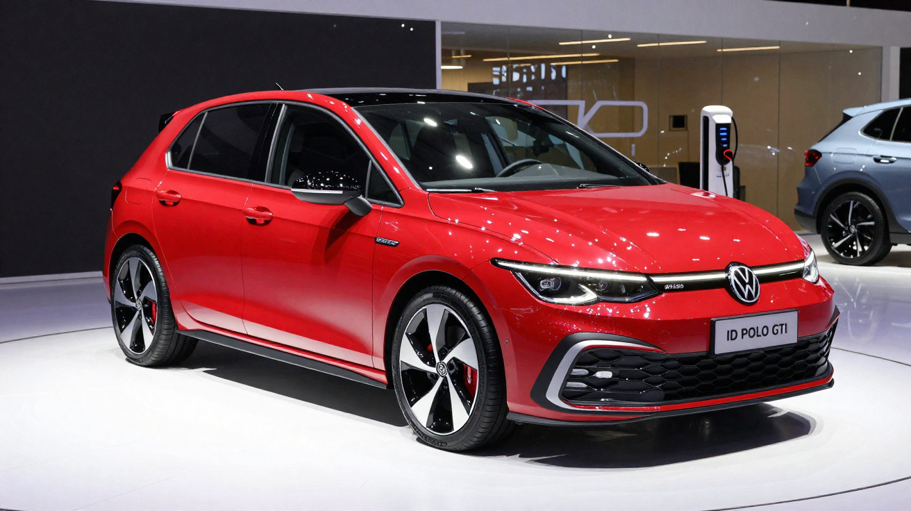 Carro elétrico Volkswagen ID Polo GTI vermelho exposto em salão com carregador ao fundo.