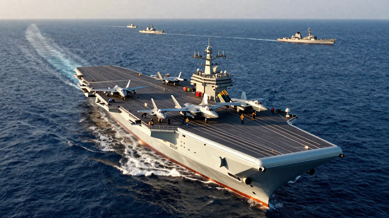 Porta-aviões com vários caças no convés em mar aberto, acompanhado por dois navios de guerra ao fundo.