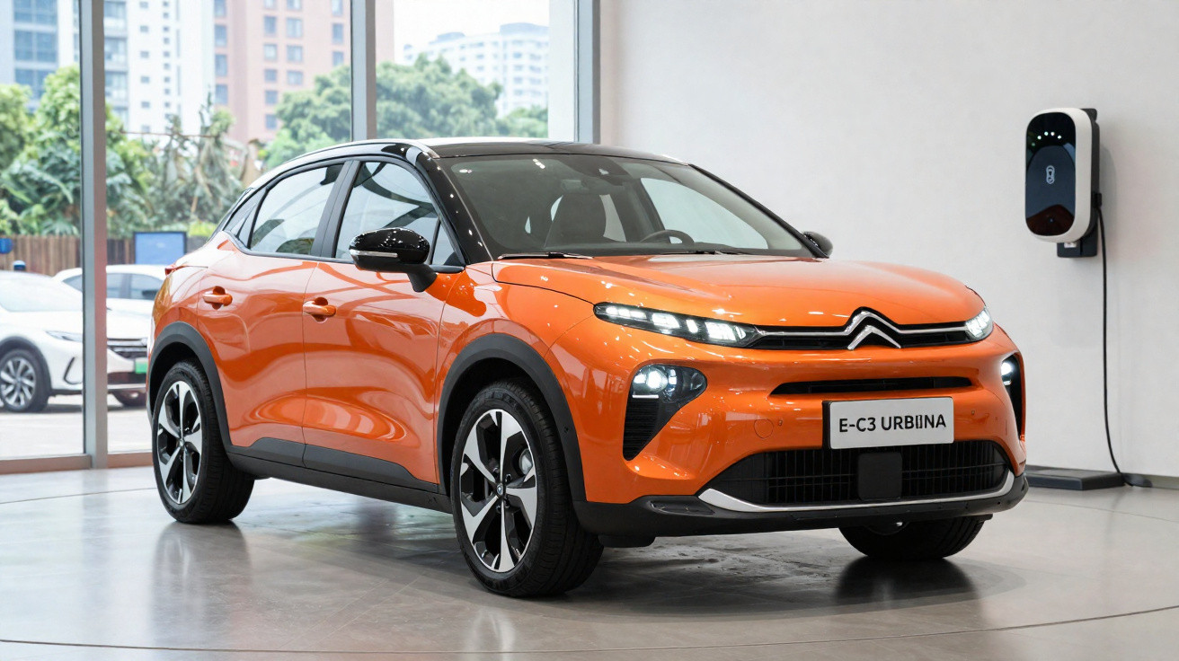 Carro elétrico Citroën E-C3 Urbina laranja estacionado em interior com estação de carregamento na parede.