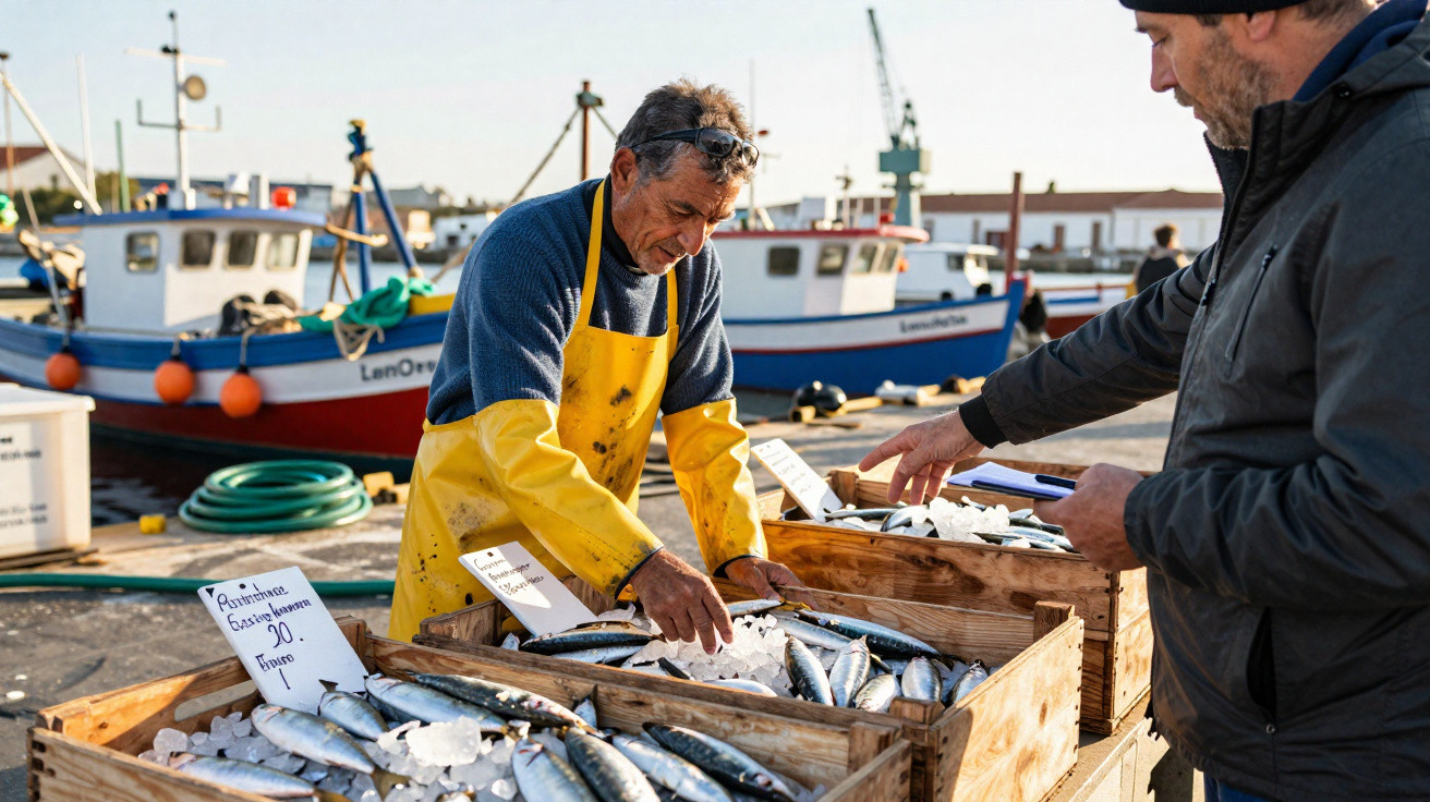 Homem de avental amarelo vende peixe fresco em caixas de madeira num cais com barcos ao fundo.