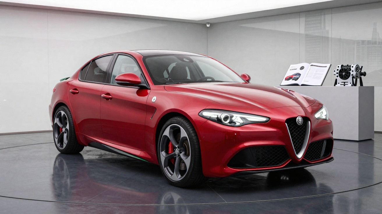 Carro desportivo Alfa Romeo Giulia vermelho em exposição numa sala minimalista com paredes brancas.
