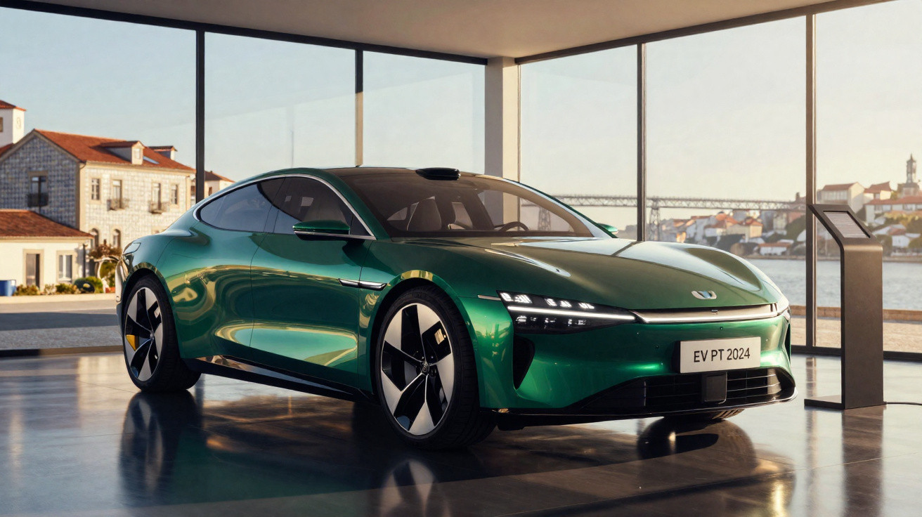 Carro elétrico desportivo verde estacionado em espaço moderno com vista para cidade e rio ao fundo.