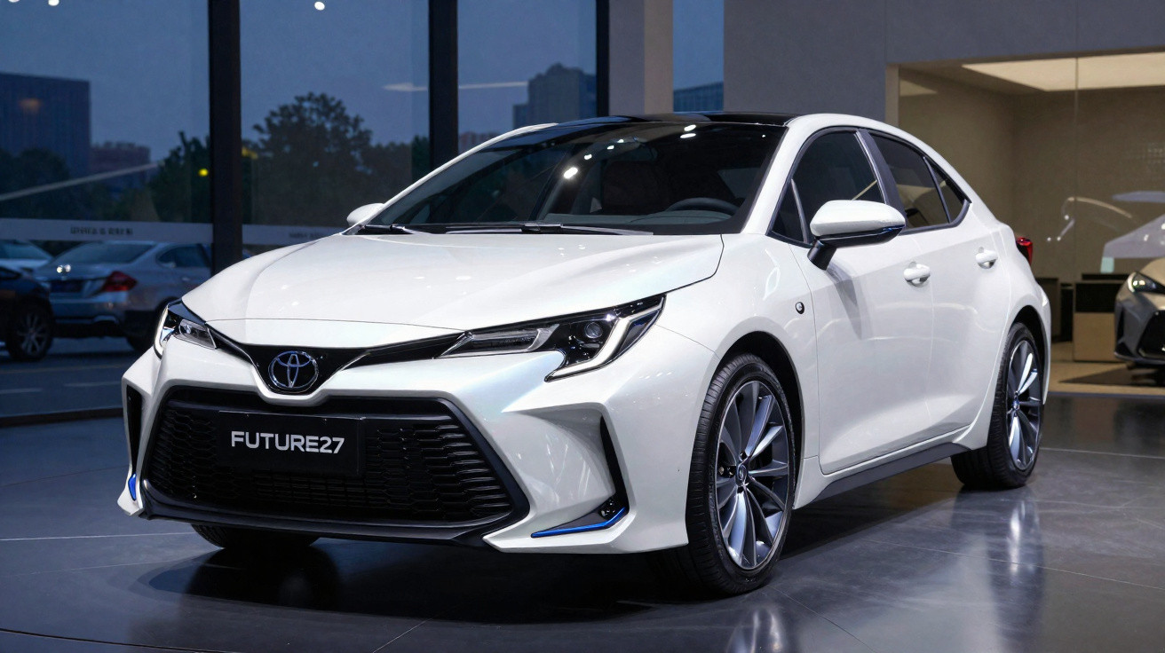 Carro branco Toyota modelo hatchback futurista em exposição numa sala com janelas grandes ao fundo.