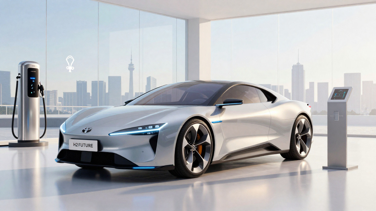 Carro desportivo eléctrico prata estacionado num espaço moderno com estação de carregamento e vista urbana.