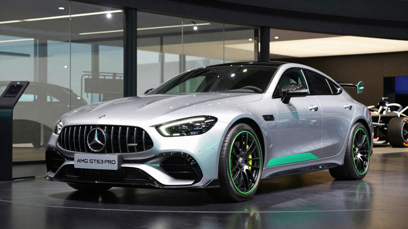 Mercedes-AMG GT 63 PRO prateado com detalhes verdes exposto em salão automóvel moderno.