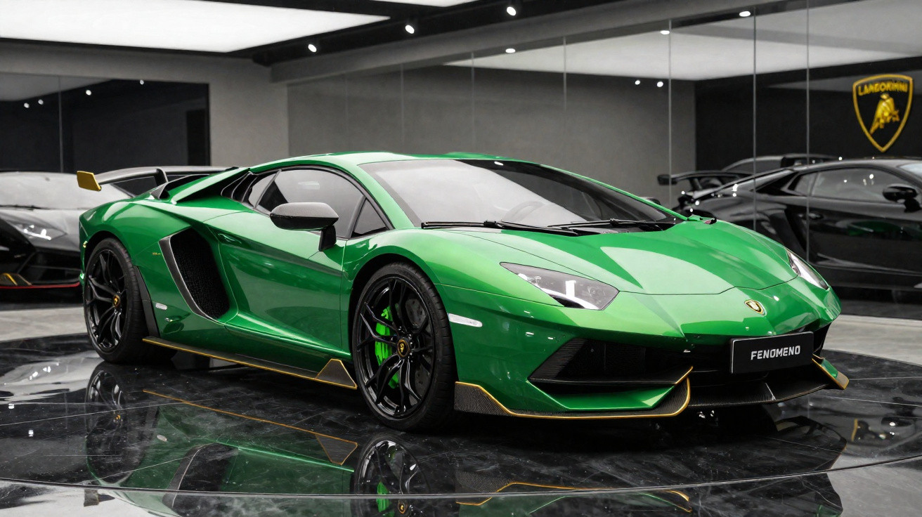 Carro desportivo Lamborghini verde com detalhes pretos e dourados em exposição numa sala brilhante com espelhos.