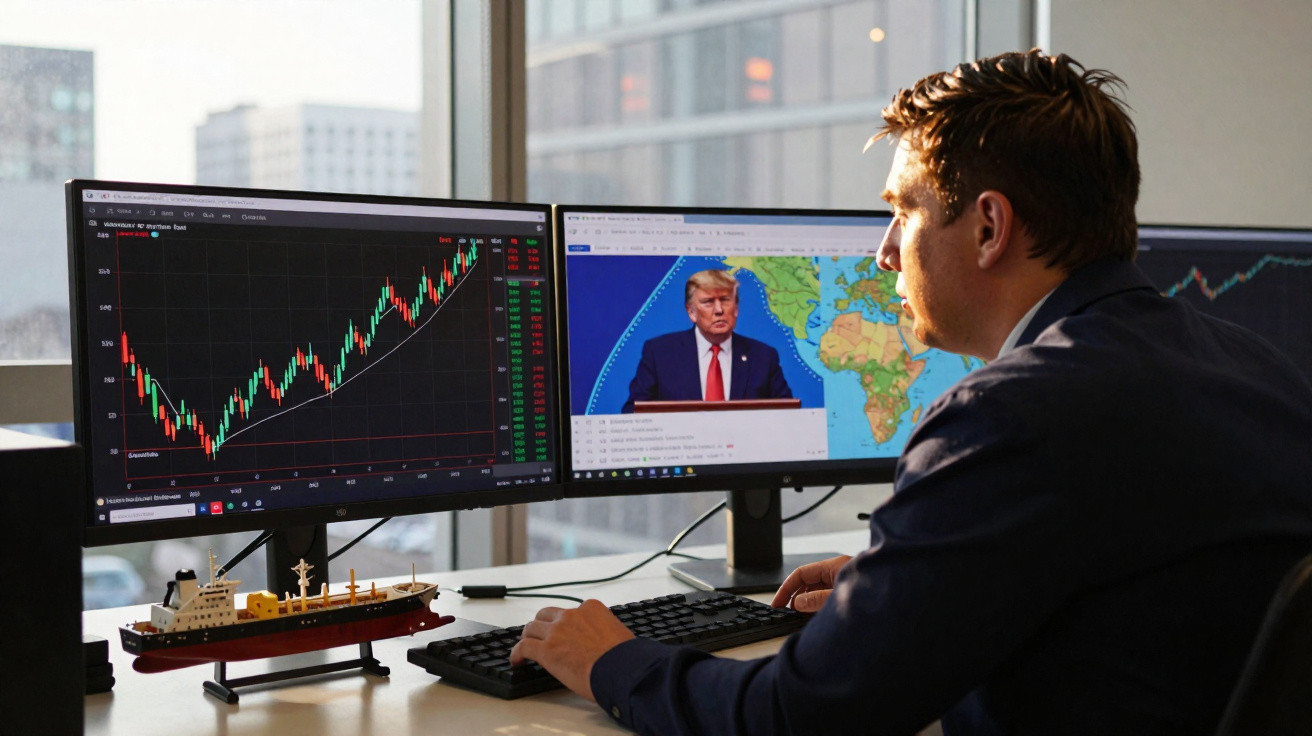 Homem de negócios a analisar gráficos financeiros em dois ecrãs de computador numa sala com vista para a cidade.