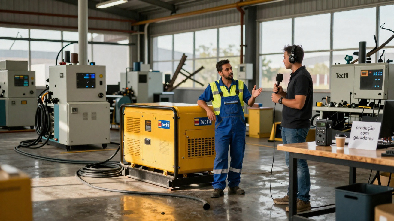 Dois homens em entrevista num espaço industrial com geradores e equipamentos Tecfil ao fundo.