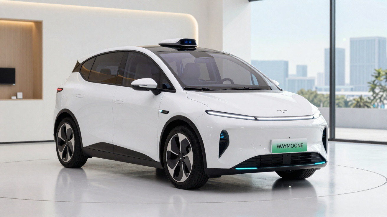 Carro elétrico autónomo branco com design moderno e sensor no tejadilho exposto numa sala minimalista.