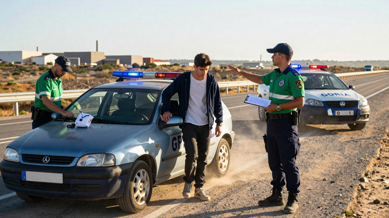 Agente da autoridade interroga jovem ao lado de veículos da polícia numa estrada deserta.