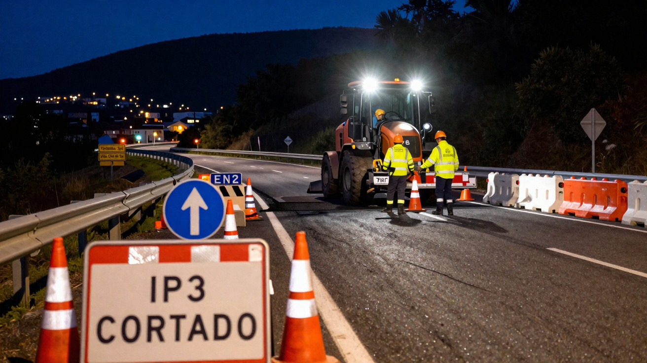 Obra noturna numa estrada com sinal de IP3 cortado, cones e trabalhadores com coletes refletores.