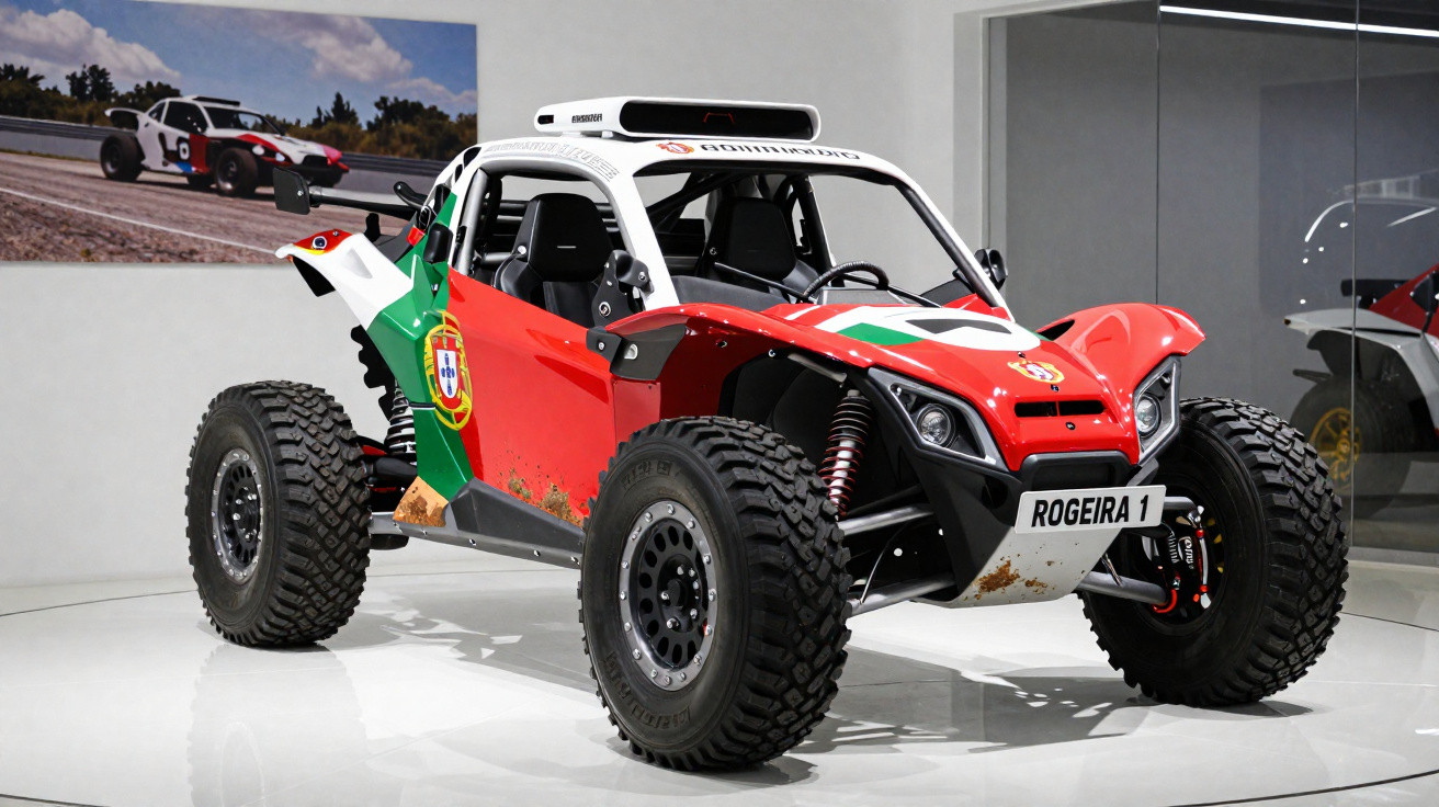 Veículo de rali off-road decorado com as cores e o emblema de Portugal, exposto em sala moderna.