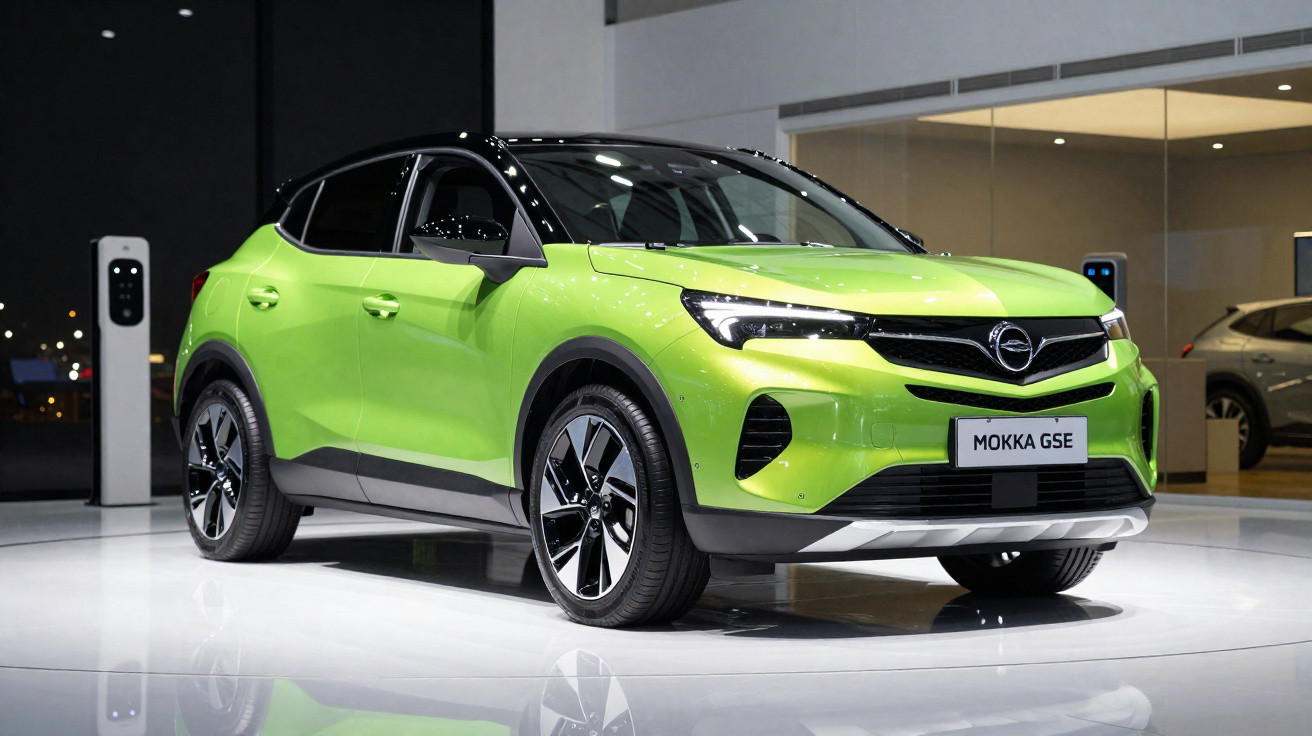 Carro elétrico Opel Mokka GSE verde lima em exposição numa sala moderna com carregadores elétricos.