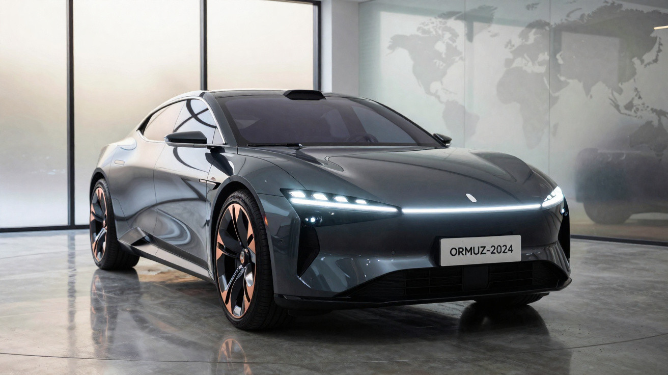Carro desportivo elétrico moderno cor cinza metálico em exposição numa sala com parede de vidro.