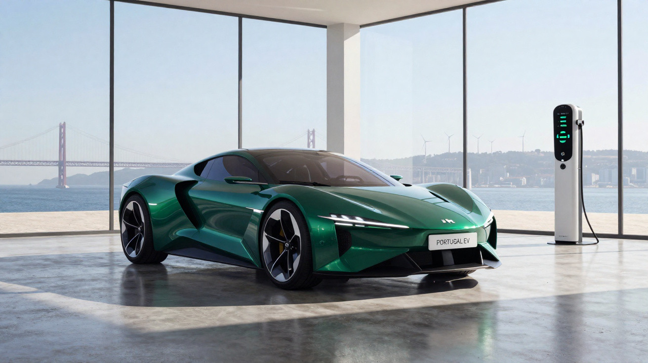 Carro elétrico desportivo verde num espaço com vidros grandes, com ponte e turbinas eólicas ao fundo.