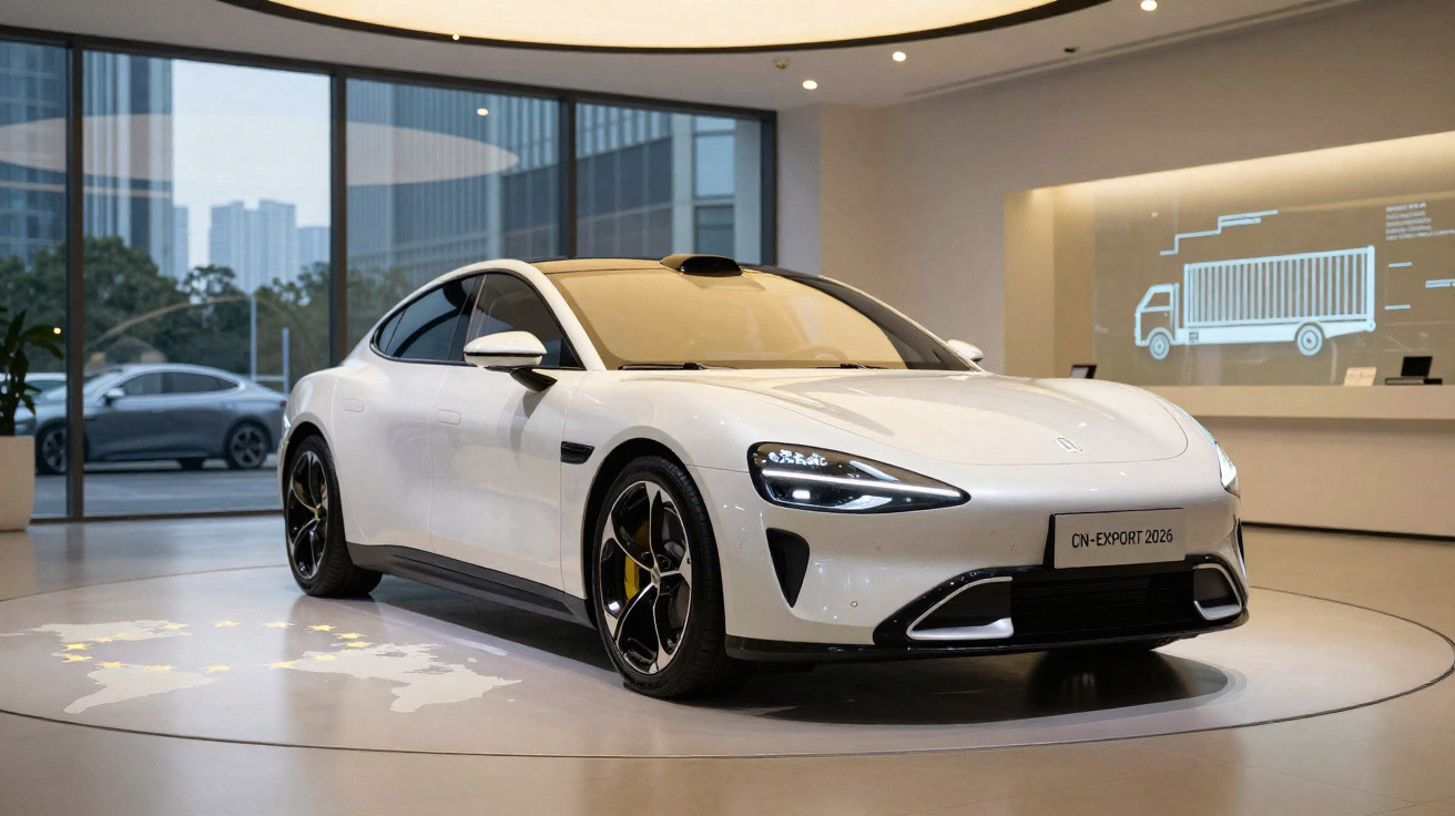Carro elétrico branco futurista exposto em show de automóveis com janelas grandes ao fundo.