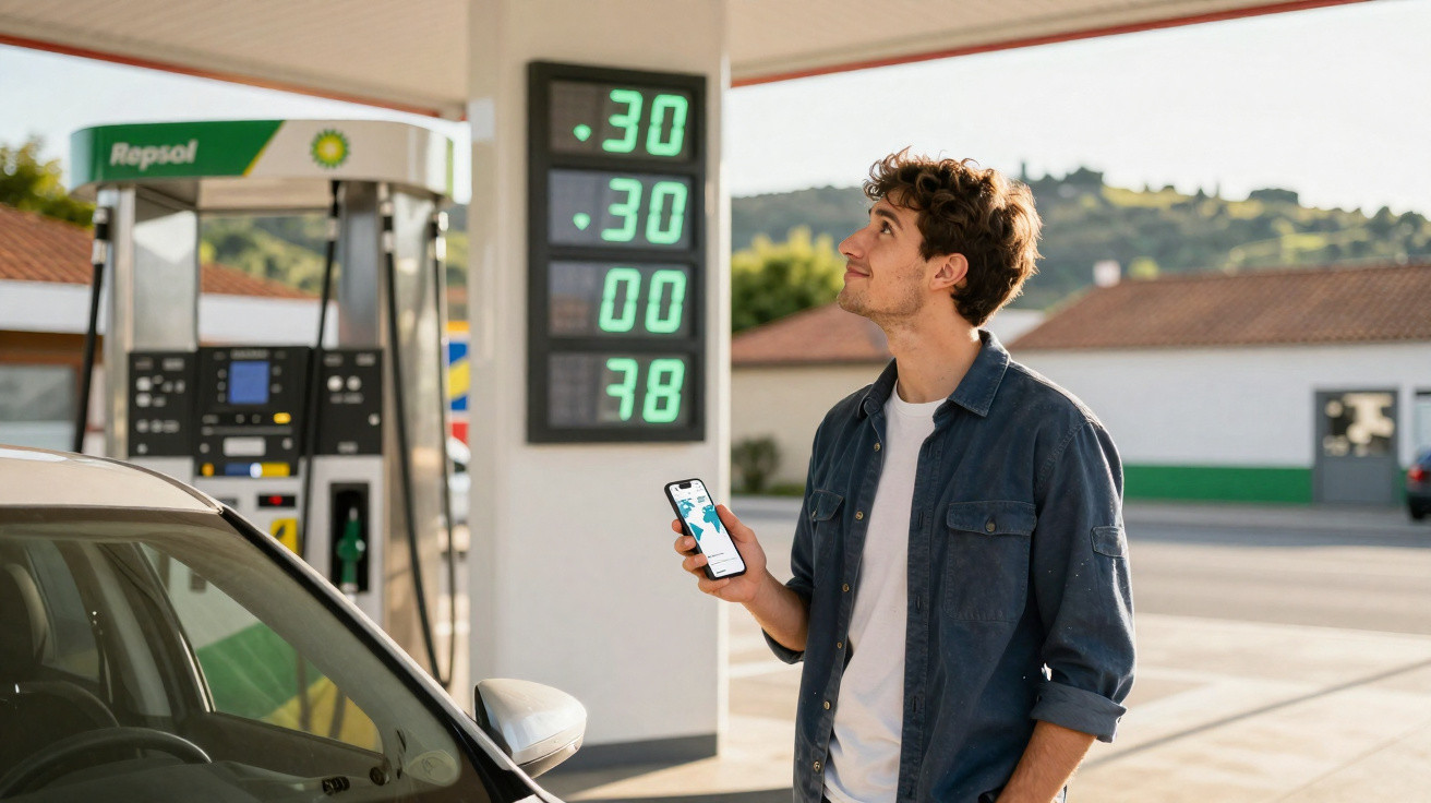 Homem de camisola branca e camisa azul usa telemóvel numa bomba de gasolina Repsol ao lado de um carro preto.