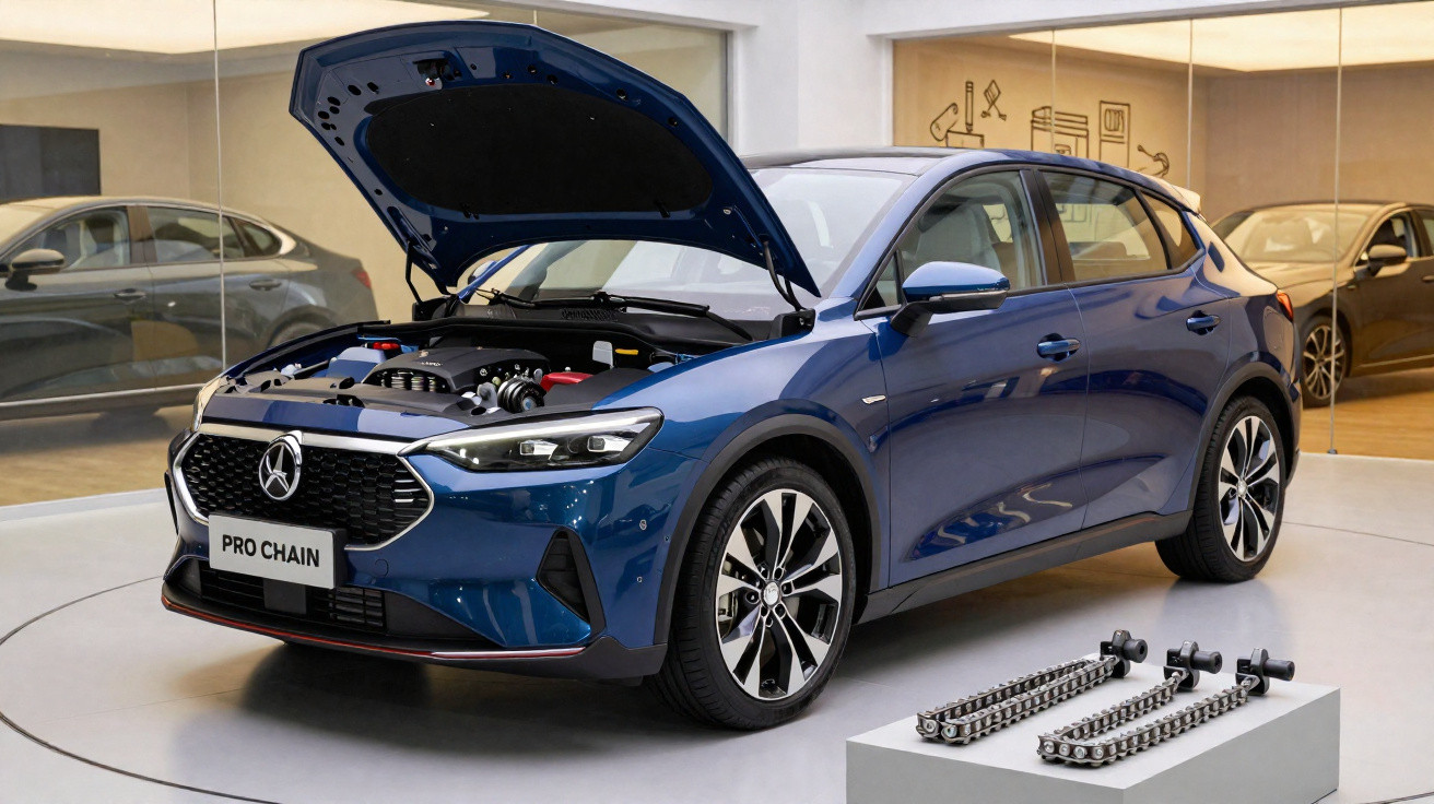 Carro elétrico azul com capot aberto e correntes para bicicletas expostas numa vitrina moderna.