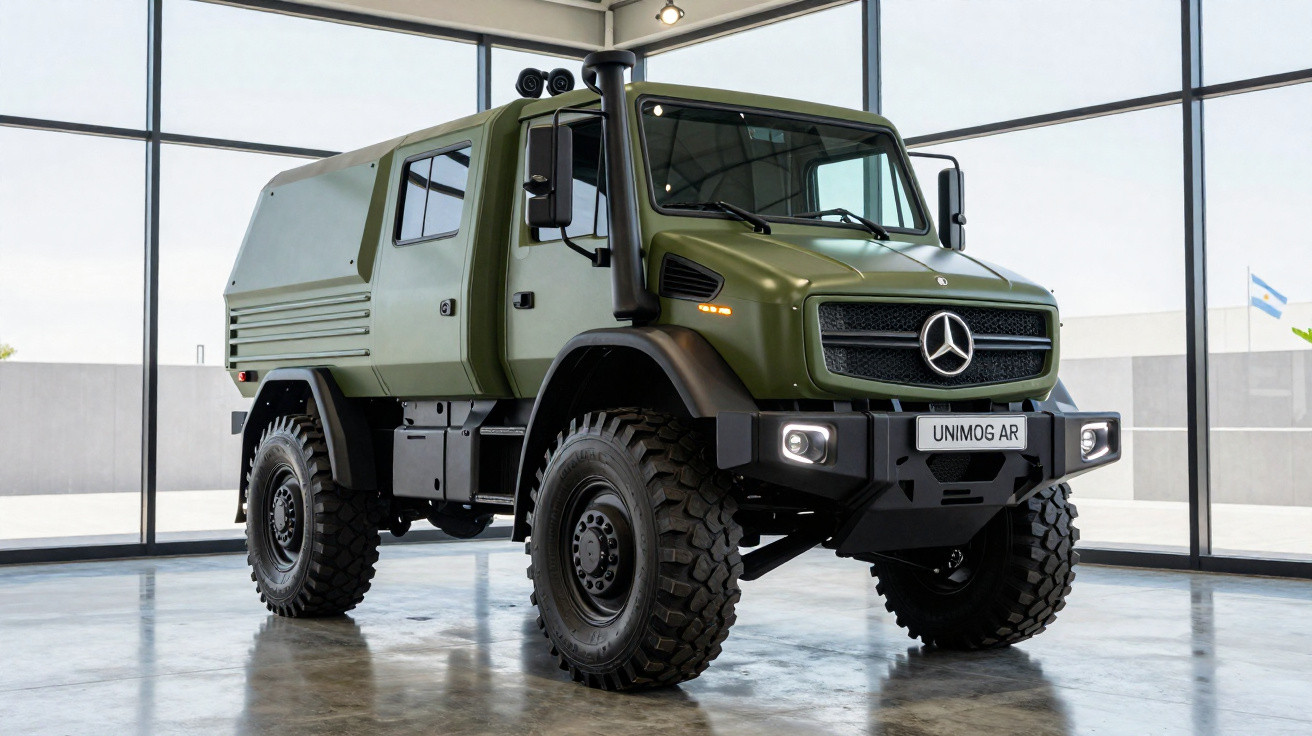 Camião militar Mercedes-Benz Unimog AR verde em espaço interior moderno com janelas amplas.