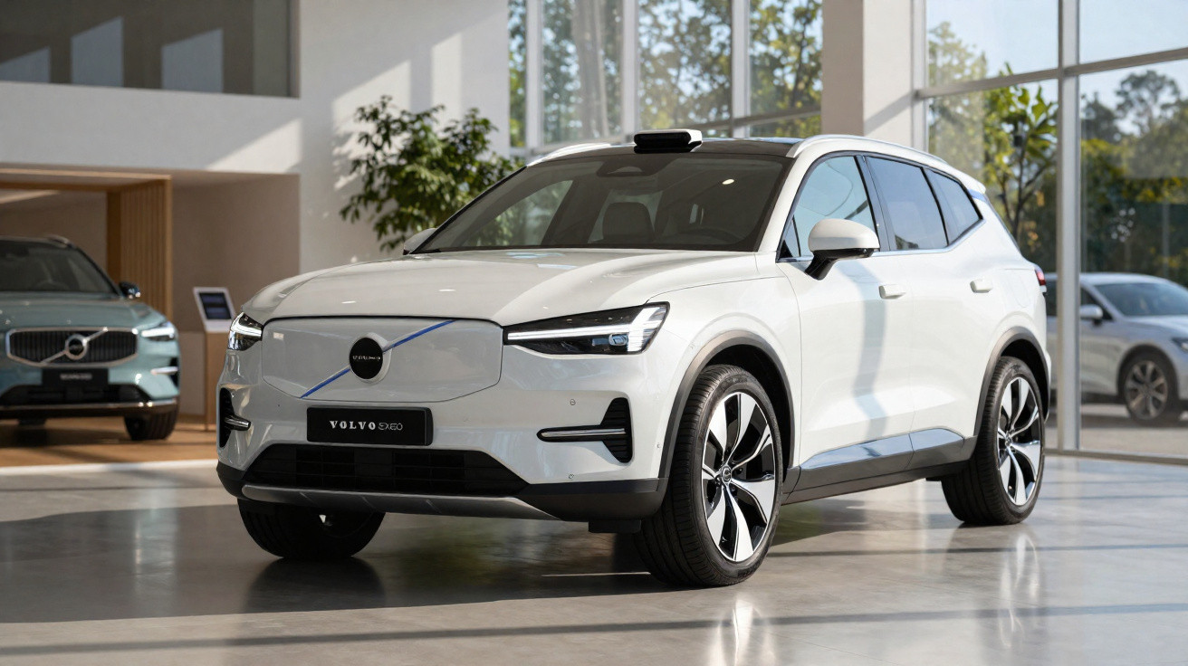 Carro eléctrico Volvo XC40 Recharge branco num showroom moderno com janelas amplas e outro carro ao fundo.