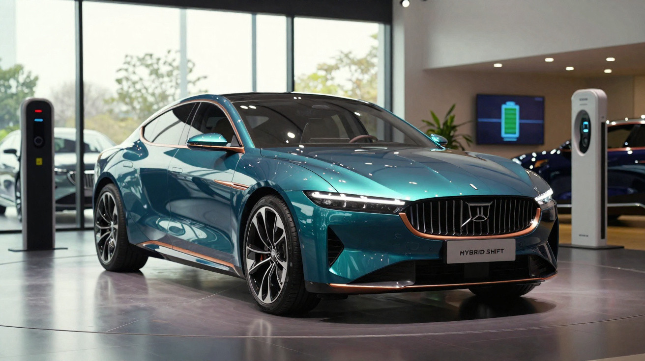 Carro eléctrico híbrido azul metálico em exposição numa sala moderna com posto de carregamento ao lado.