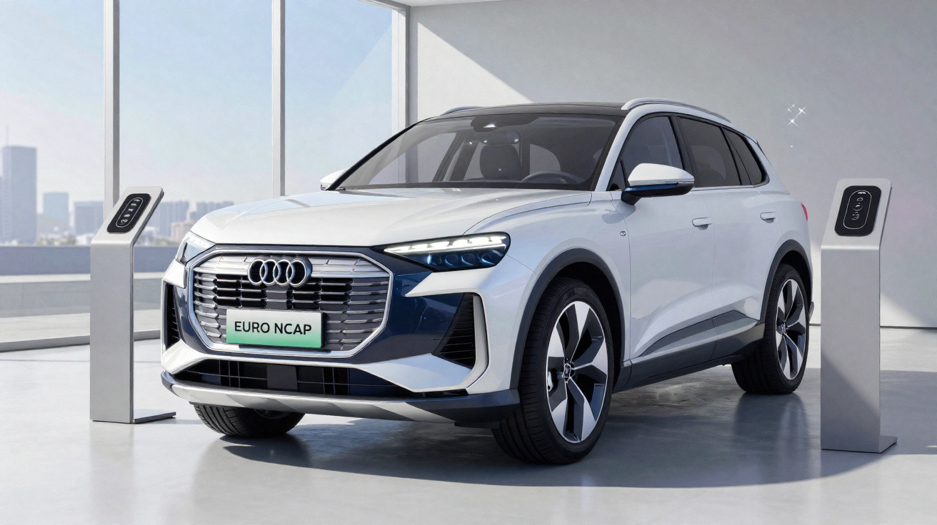 Carro elétrico Audi branco estacionado entre dois postos de carregamento num espaço interior moderno.