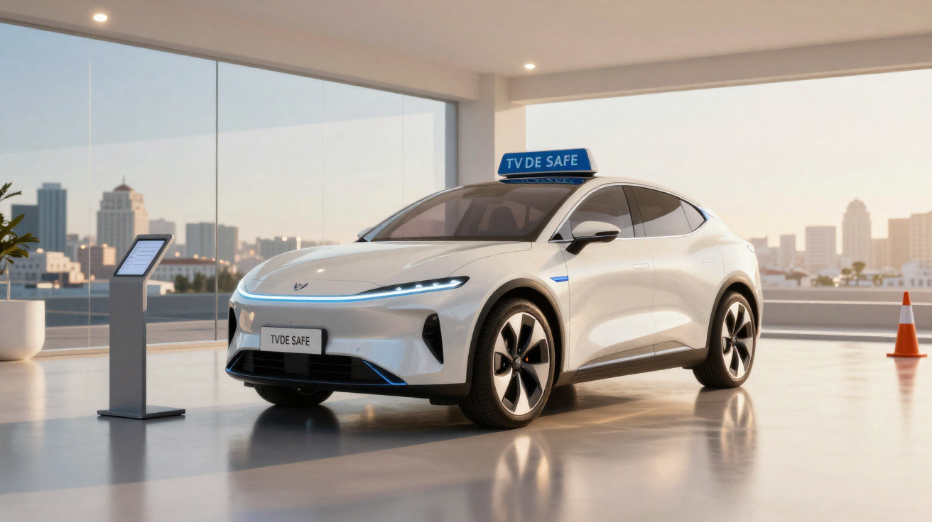 Carro branco eléctrico moderno com placa TV DE SAFE num ambiente interior iluminado e urbano ao fundo.