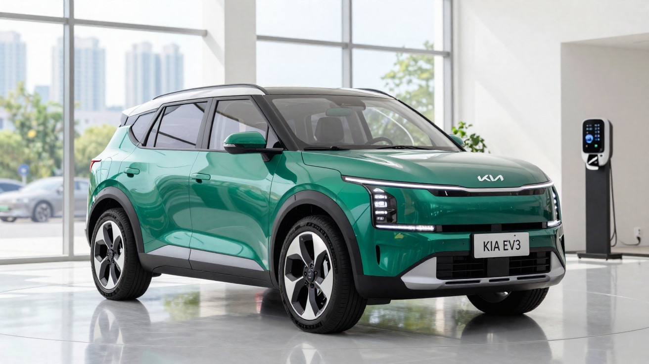 Carro elétrico Kia EV3 verde em exposição numa sala com grandes janelas e carregador elétrico ao fundo.