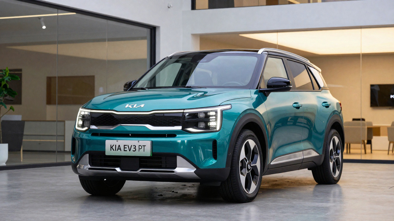 Carro elétrico KIA EV3 verde turquesa estacionado em interior moderno com paredes brancas e vidros.