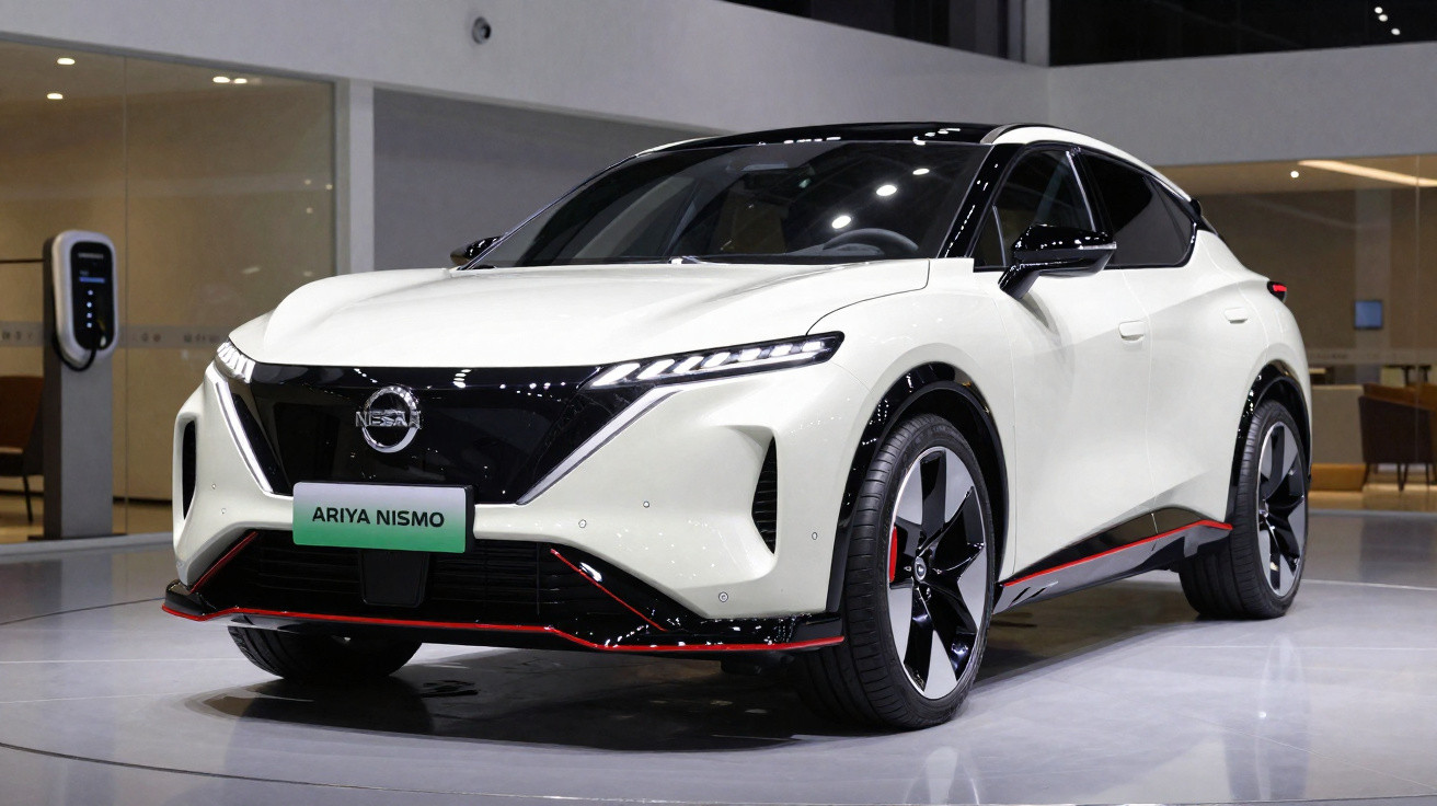 Carro elétrico Nissan Ariya Nismo branco num salão automóvel com estação de carregamento ao lado.
