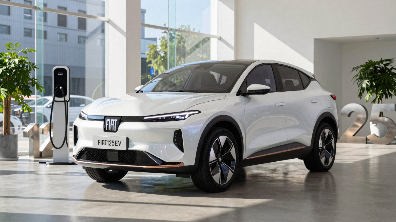 Carro elétrico branco Fiat 125 EV estacionado numa garagem moderna com estação de carregamento.