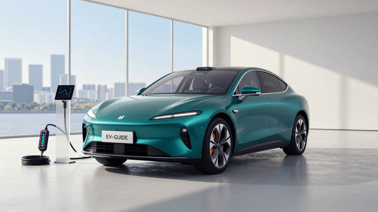 Carro elétrico azul estacionado num espaço interior moderno com carregador conectado e vista urbana ao fundo.