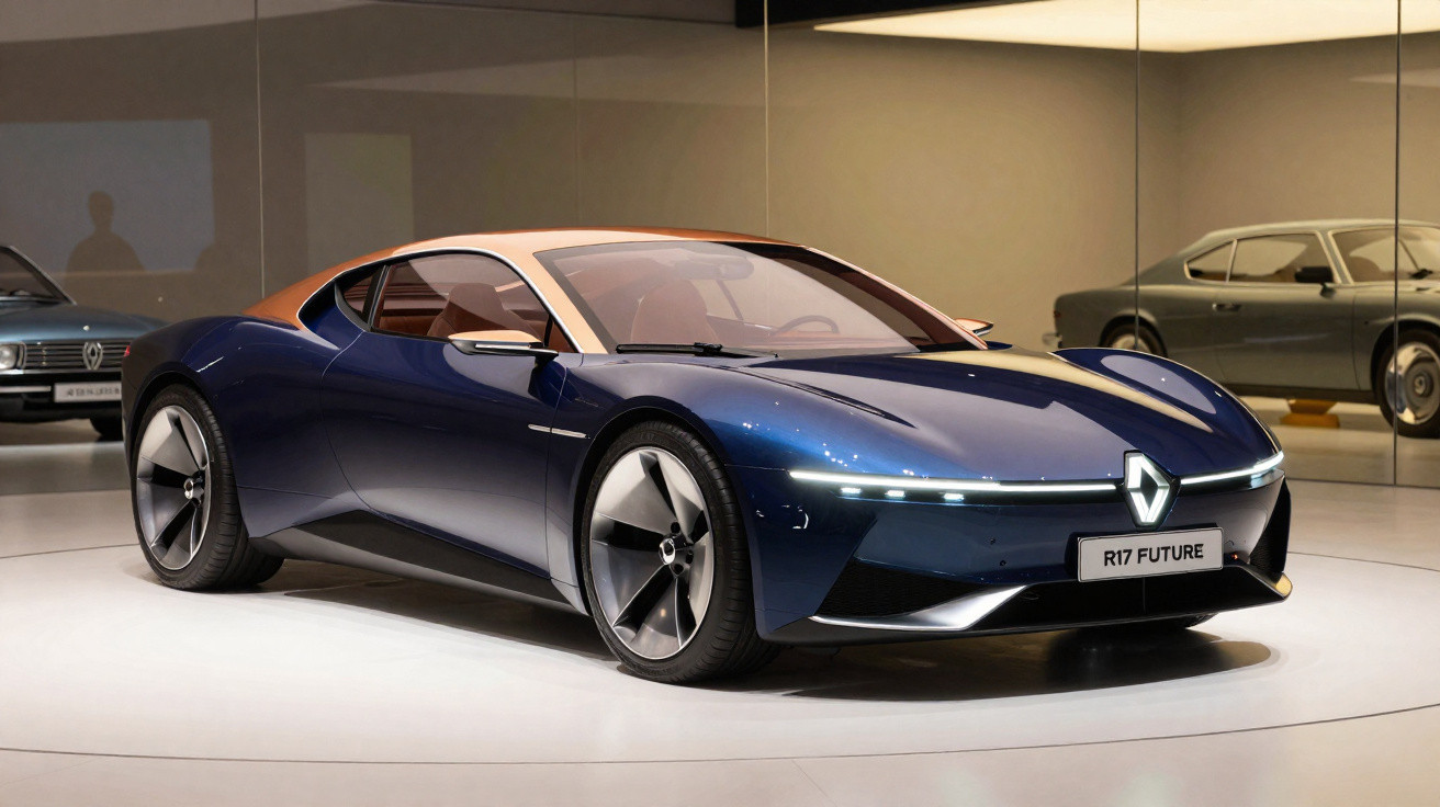 Carro desportivo elétrico azul Renault R17 Future em exposição em ambiente moderno com iluminação suave.