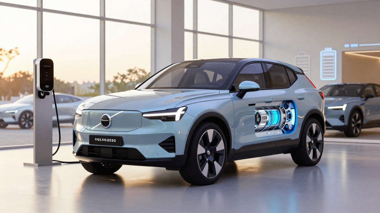 Carro elétrico Volvo azul a carregar numa estação, com destaque para o sistema da bateria visível na lateral.