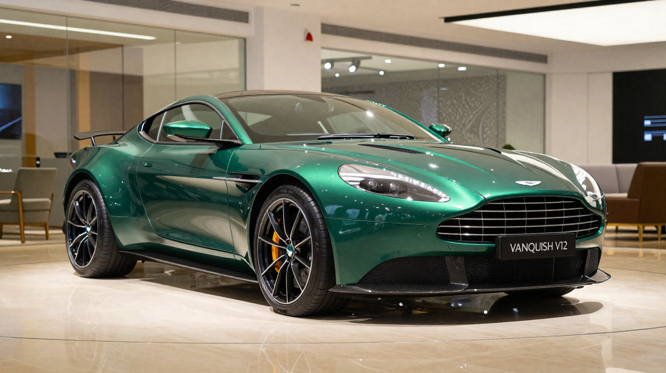 Carro desportivo Aston Martin Vanquish V12 verde metálico em exposição num showroom moderno.