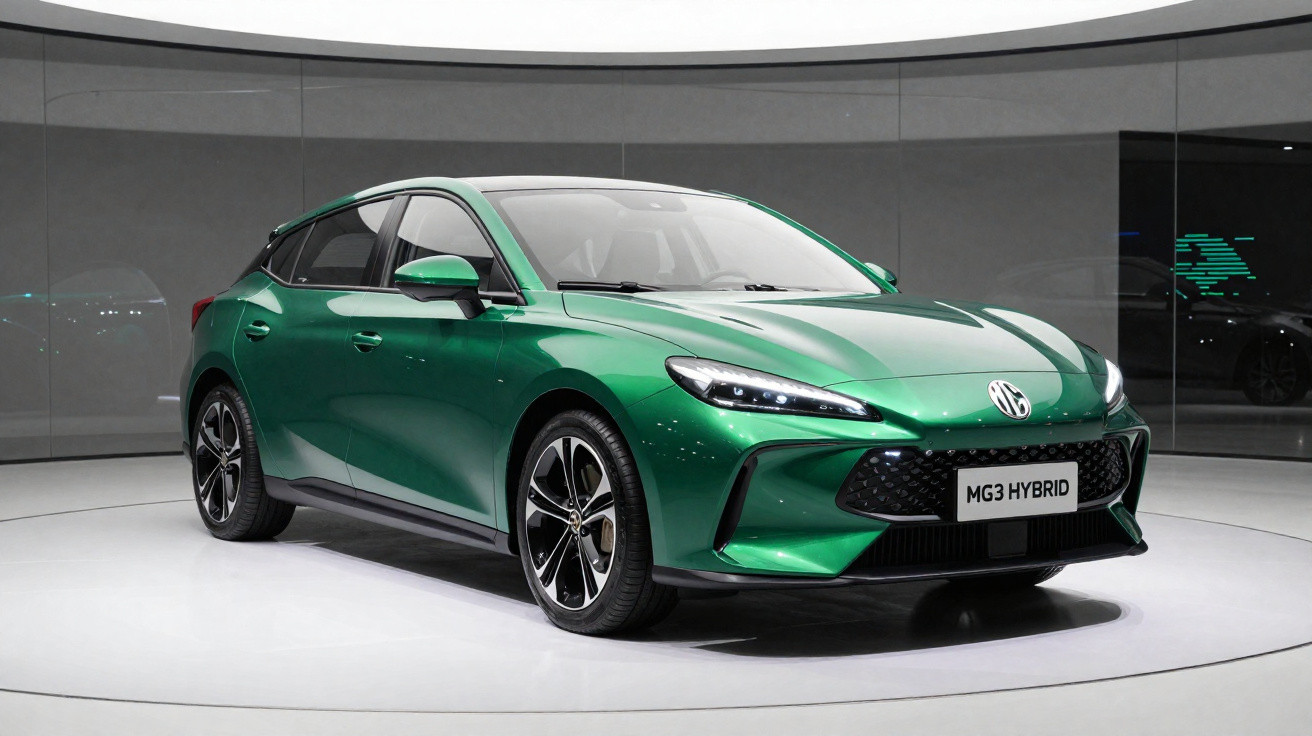 Carro híbrido MG3 verde metálico exposto em plataforma giratória numa sala com iluminação branca.