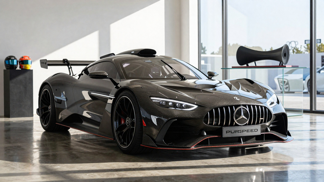Carro desportivo preto com grade dianteira Mercedes e logótipo Purspeed num salão moderno com capacetes.