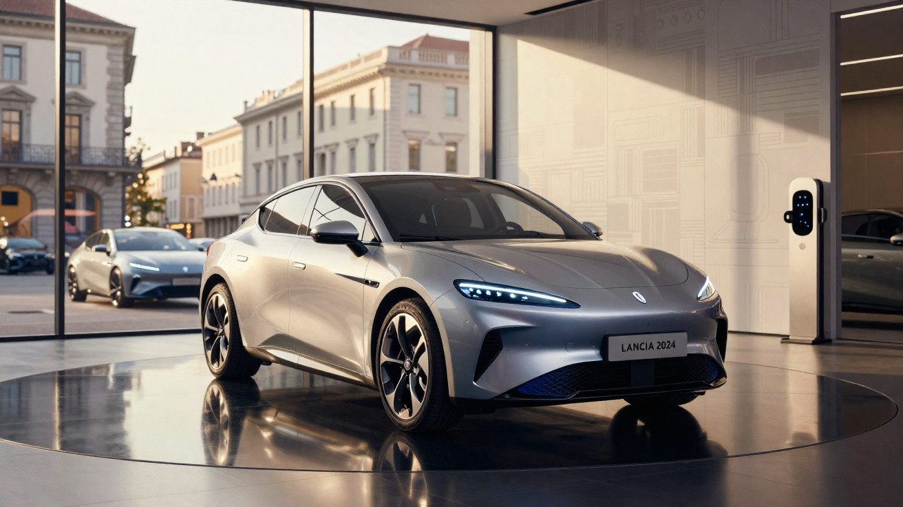 Carro elétrico cinzento Lancia 2024 em área de exposição moderna com janelas grandes e carregador parede.
