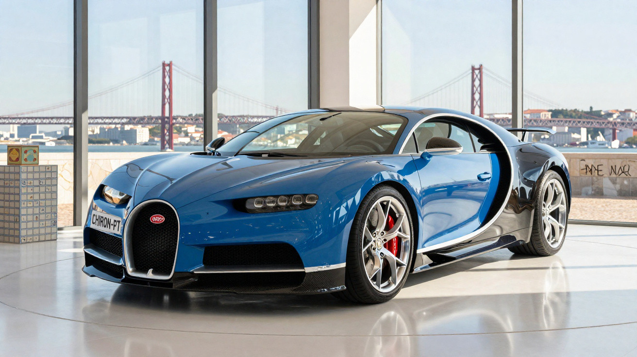 Carro desportivo Bugatti Chiron azul e preto em exposição numa sala com janelas e vista para uma ponte.