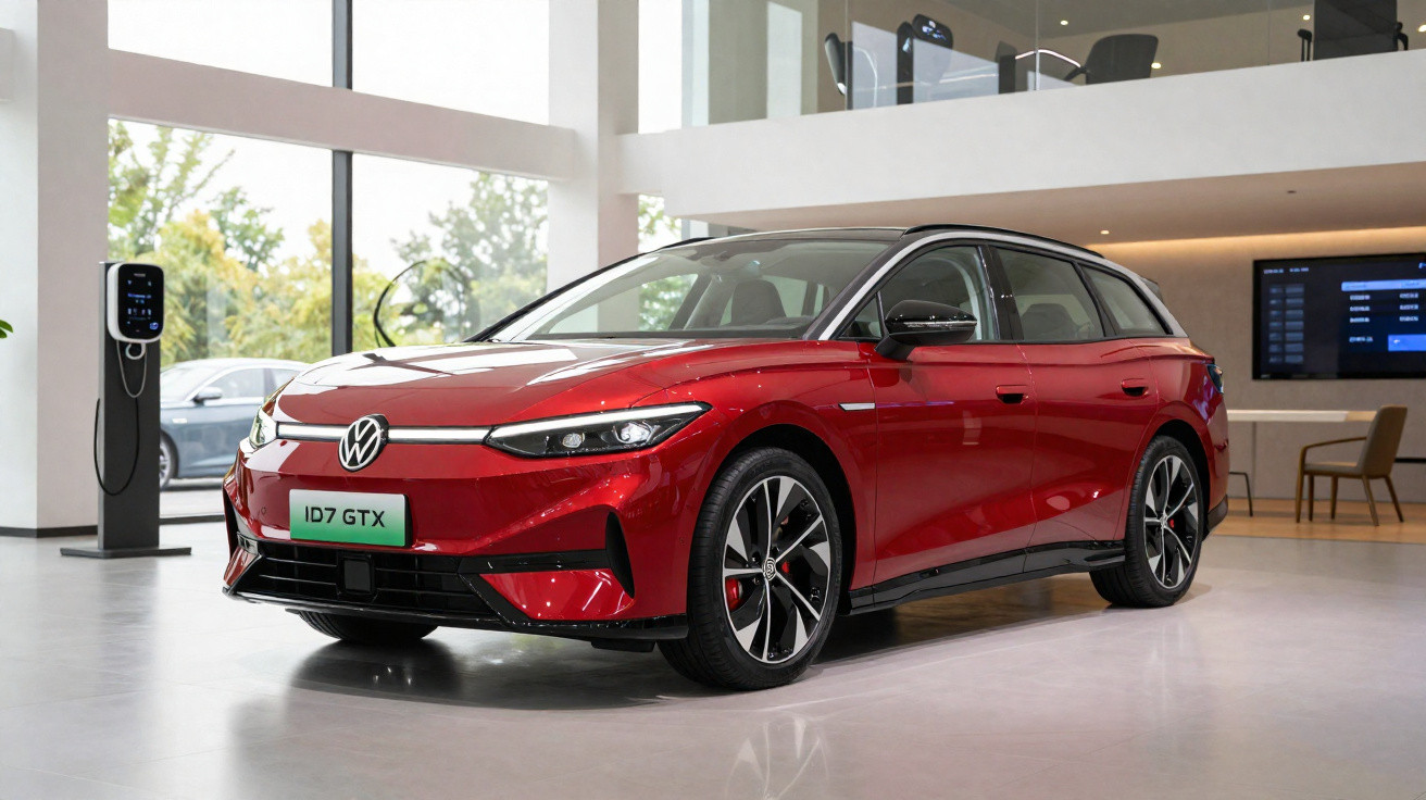 Carro elétrico Volkswagen ID.7 GTX vermelho em showroom moderno com carregador elétrico ao lado.