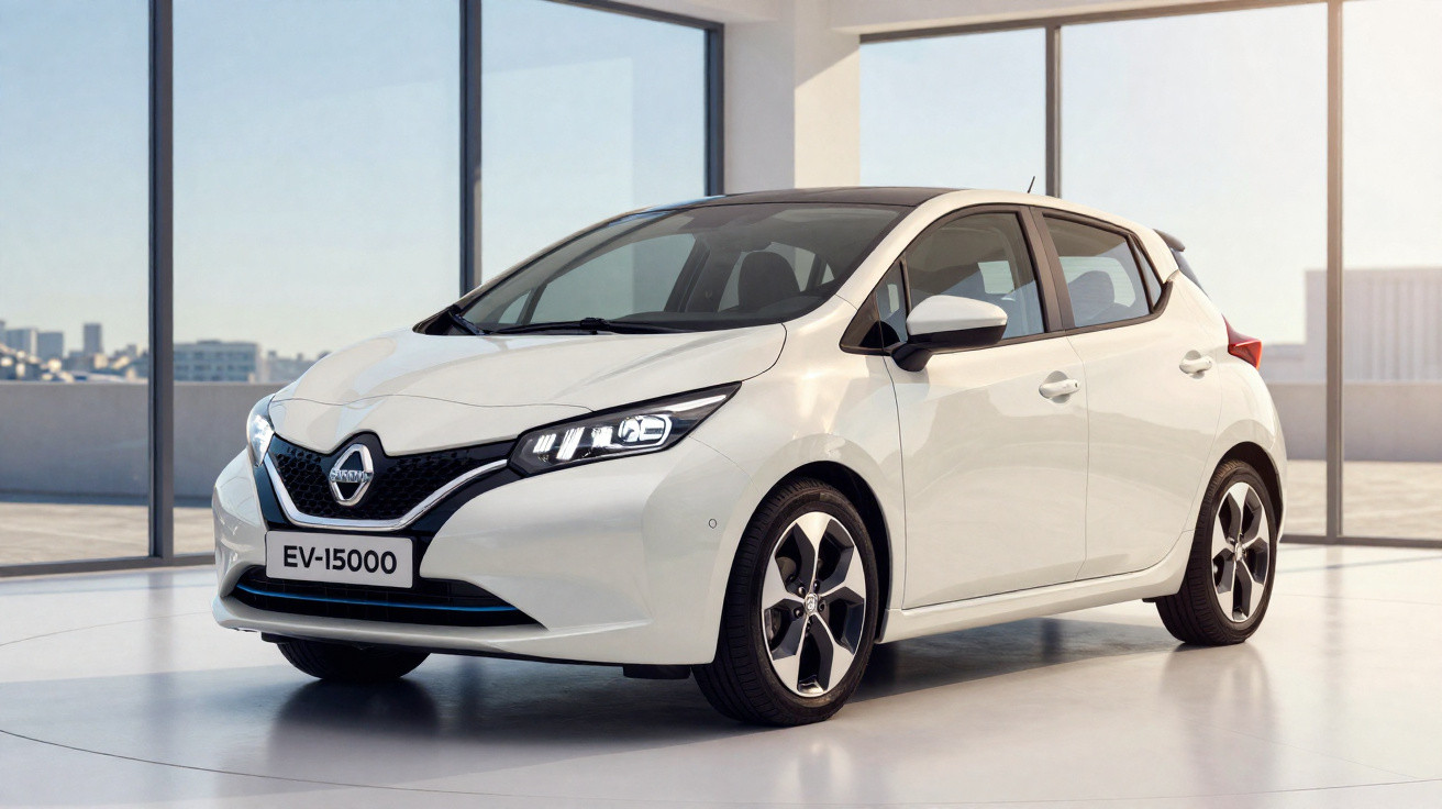 Carro elétrico branco Nissan EV-15000 estacionado numa sala iluminada por janelas amplas.