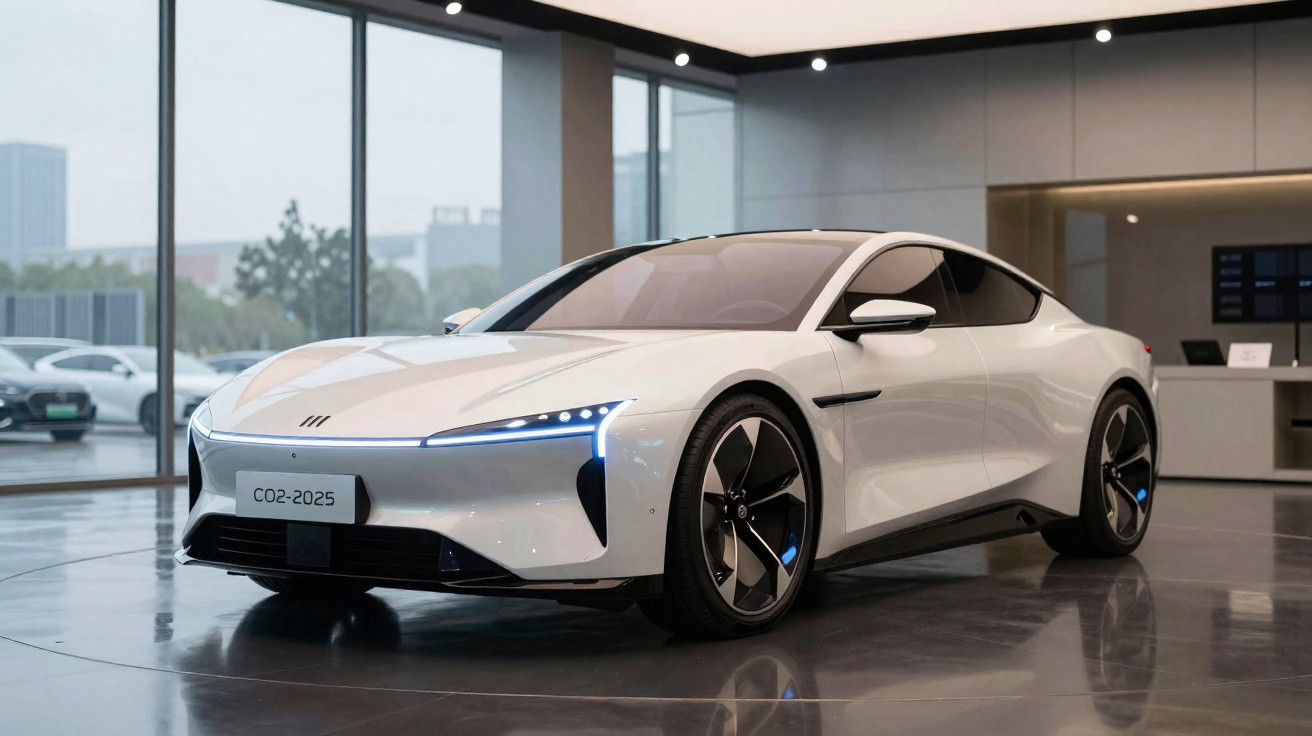 Carro desportivo elétrico branco com design futurista em exposição numa sala moderna.