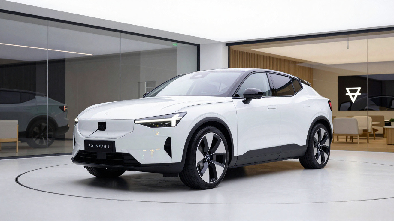Carro eléctrico branco Polestar 3 num showroom moderno com chão redondo branco e paredes de vidro e madeira.